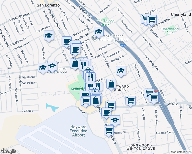 map of restaurants, bars, coffee shops, grocery stores, and more near 729 Bartlett Avenue in Hayward