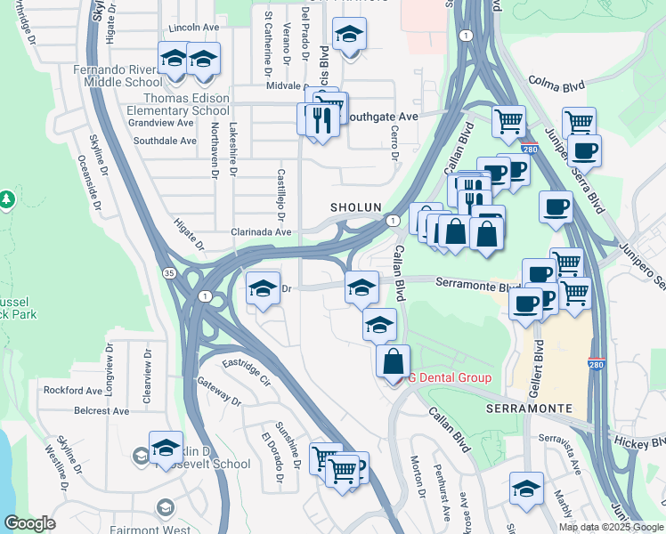map of restaurants, bars, coffee shops, grocery stores, and more near 652 Serramonte Boulevard in Daly City