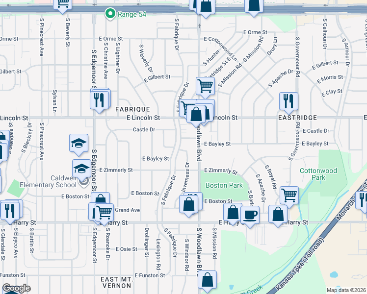 map of restaurants, bars, coffee shops, grocery stores, and more near 1028 Inverness Drive in Wichita