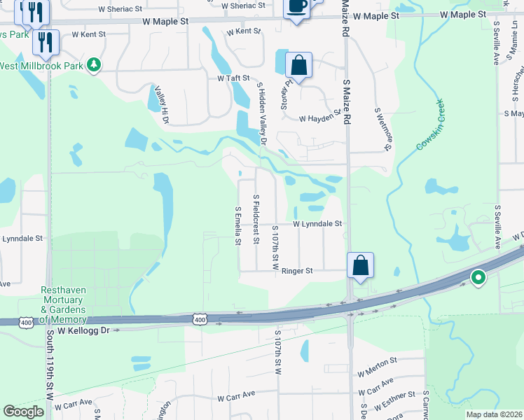 map of restaurants, bars, coffee shops, grocery stores, and more near 1313 South Lark Lane in Wichita