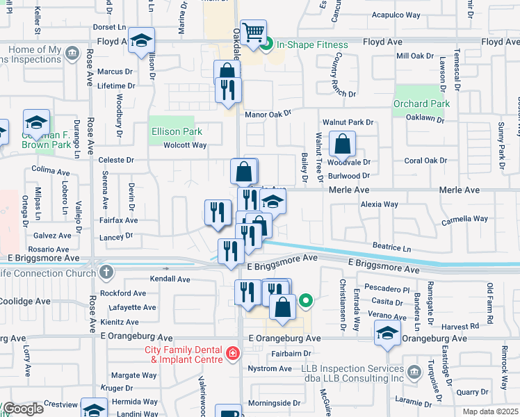 map of restaurants, bars, coffee shops, grocery stores, and more near 1800 Oakdale Road in Modesto