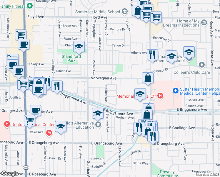 map of restaurants, bars, coffee shops, grocery stores, and more near 925 Vindel Lane in Modesto