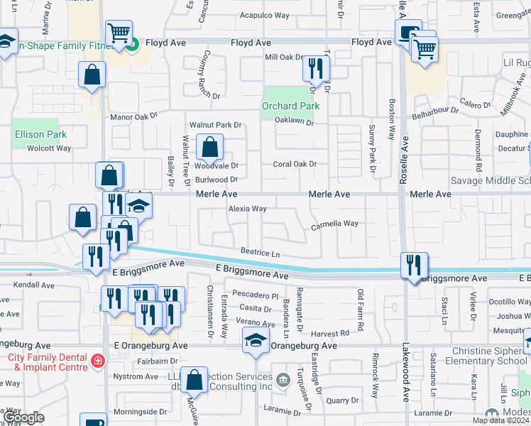map of restaurants, bars, coffee shops, grocery stores, and more near 2600 Alexia Way in Modesto