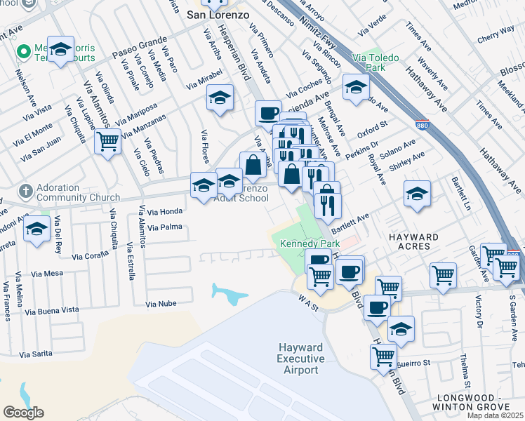 map of restaurants, bars, coffee shops, grocery stores, and more near 18251 Via Jose in San Lorenzo