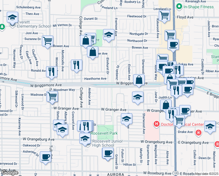 map of restaurants, bars, coffee shops, grocery stores, and more near 1736 Carlton Avenue in Modesto