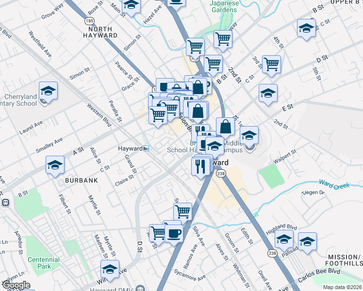 map of restaurants, bars, coffee shops, grocery stores, and more near 22763 Watkins Street in Hayward