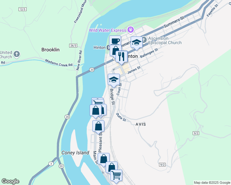 map of restaurants, bars, coffee shops, grocery stores, and more near 125 Bridge Street in Hinton