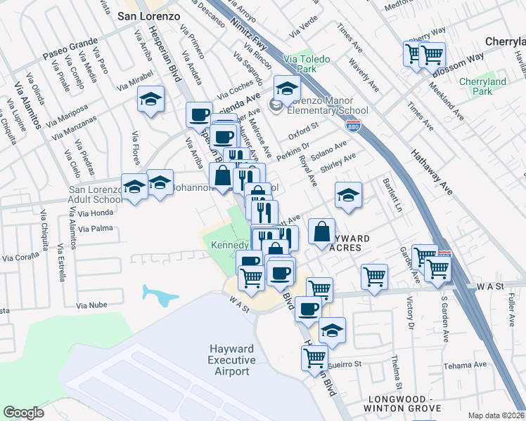 map of restaurants, bars, coffee shops, grocery stores, and more near 19150 Hesperian Boulevard in Hayward