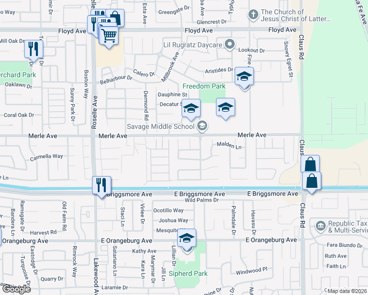 map of restaurants, bars, coffee shops, grocery stores, and more near 3412 Friar Tuck Way in Modesto