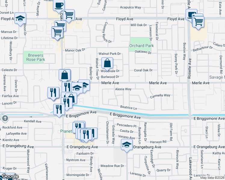 map of restaurants, bars, coffee shops, grocery stores, and more near 1700 Collingwood Circle in Modesto