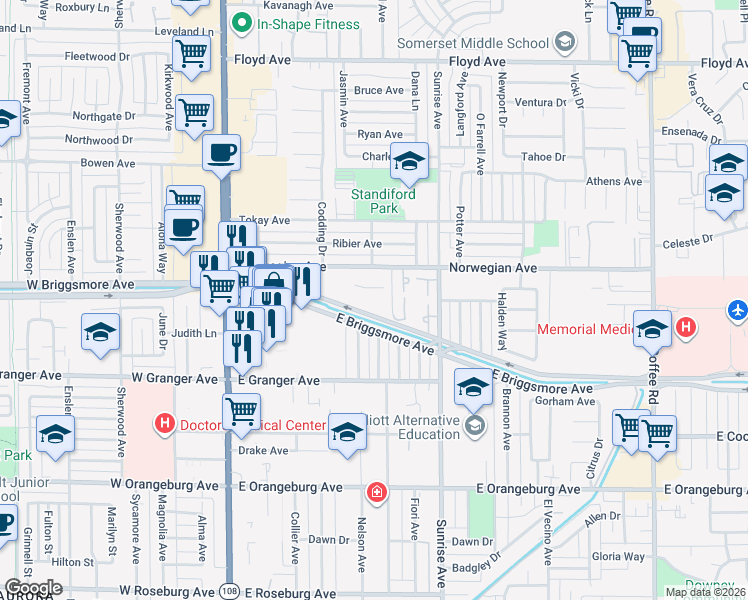 map of restaurants, bars, coffee shops, grocery stores, and more near 1712 Plaza De San Joaquin in Modesto