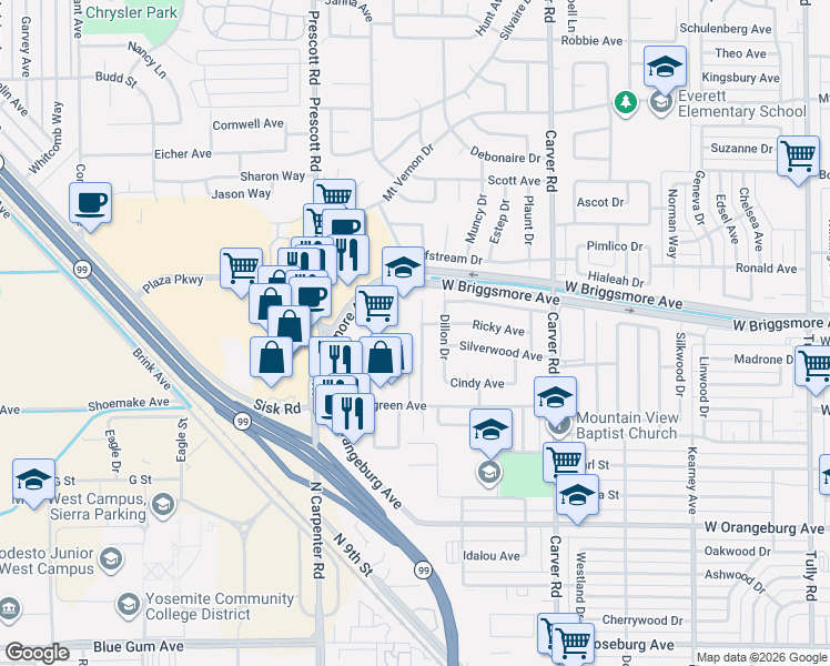 map of restaurants, bars, coffee shops, grocery stores, and more near 1701 Randazzo Avenue in Modesto