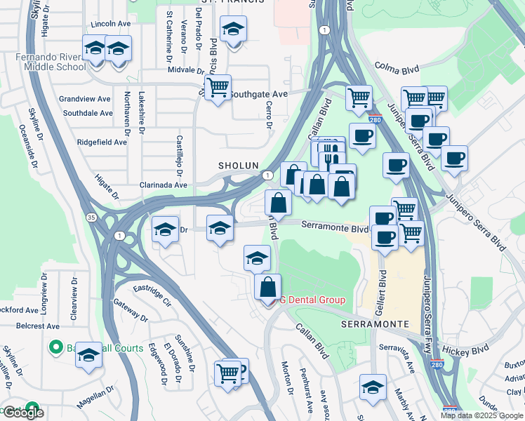 map of restaurants, bars, coffee shops, grocery stores, and more near 620 Serramonte Boulevard in Daly City