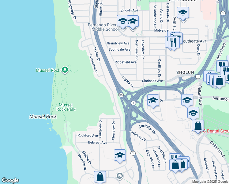 map of restaurants, bars, coffee shops, grocery stores, and more near 889 Skyline Drive in Daly City