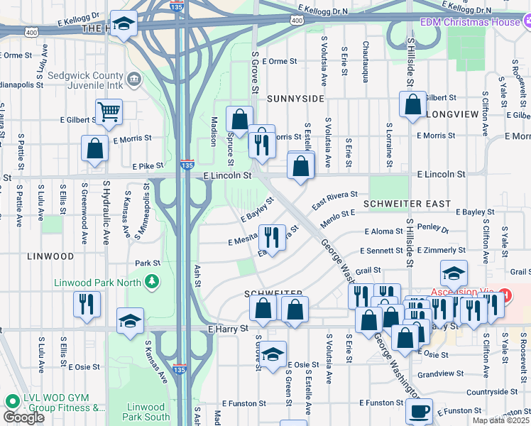 map of restaurants, bars, coffee shops, grocery stores, and more near 2328 E Mesita St in Wichita