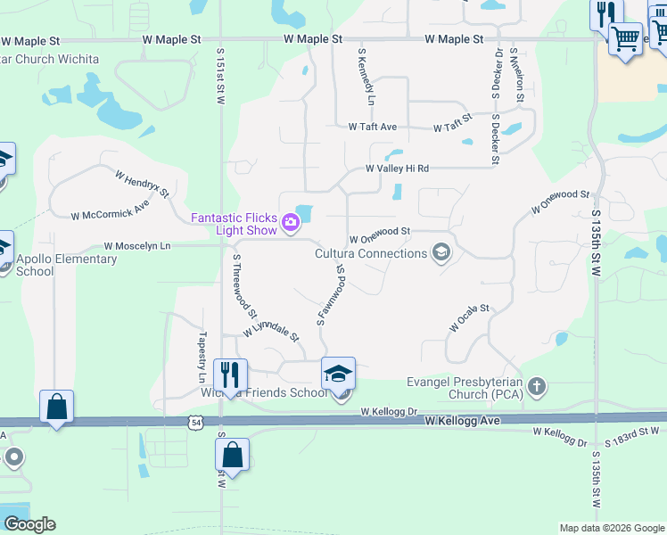 map of restaurants, bars, coffee shops, grocery stores, and more near 1327 S Fawnwood Ct in Wichita