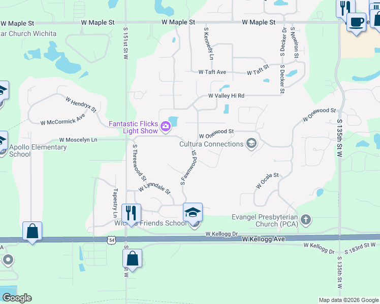 map of restaurants, bars, coffee shops, grocery stores, and more near 1327 S Fawnwood Ct in Wichita
