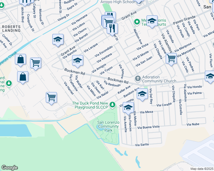 map of restaurants, bars, coffee shops, grocery stores, and more near 1766 Vía Redondo in San Lorenzo