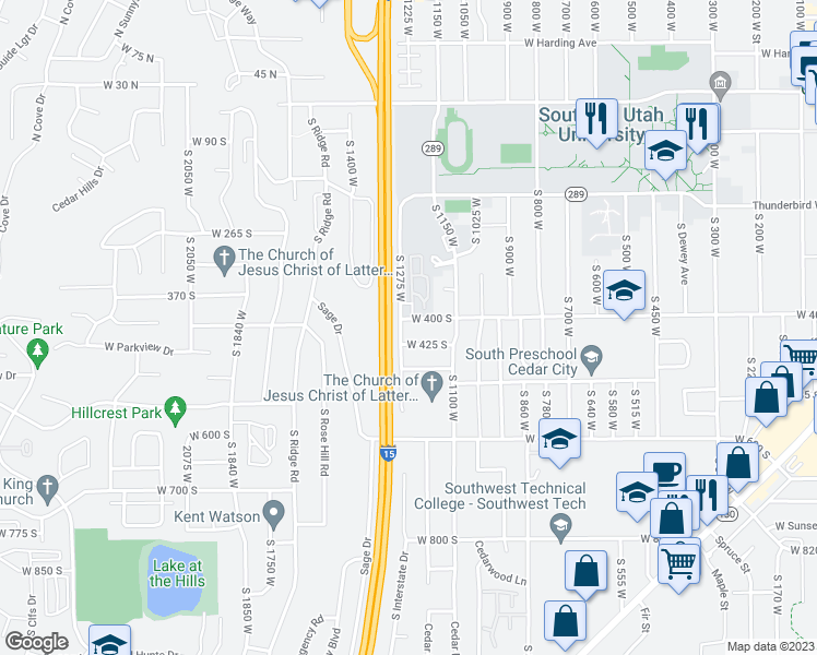 map of restaurants, bars, coffee shops, grocery stores, and more near 413 South 1275 West in Cedar City