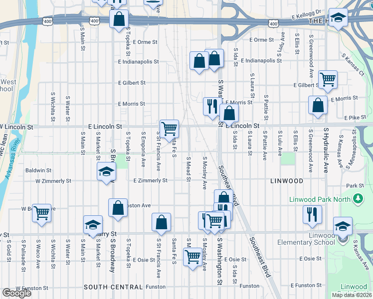 map of restaurants, bars, coffee shops, grocery stores, and more near 1300-1398 S Mead St in Wichita