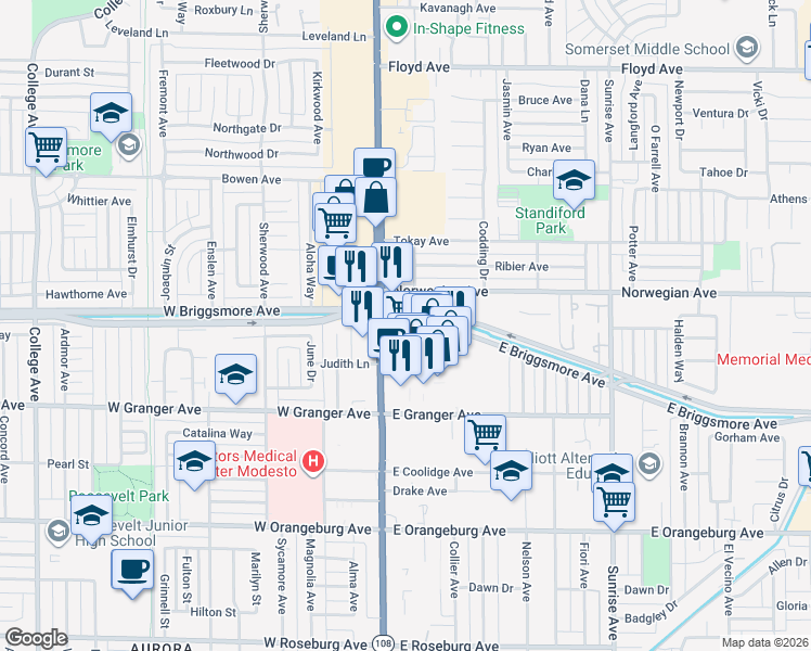 map of restaurants, bars, coffee shops, grocery stores, and more near 1700 McHenry Avenue in Modesto