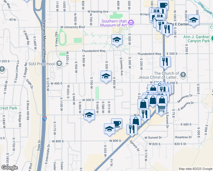 map of restaurants, bars, coffee shops, grocery stores, and more near 499 West 400 South in Cedar City