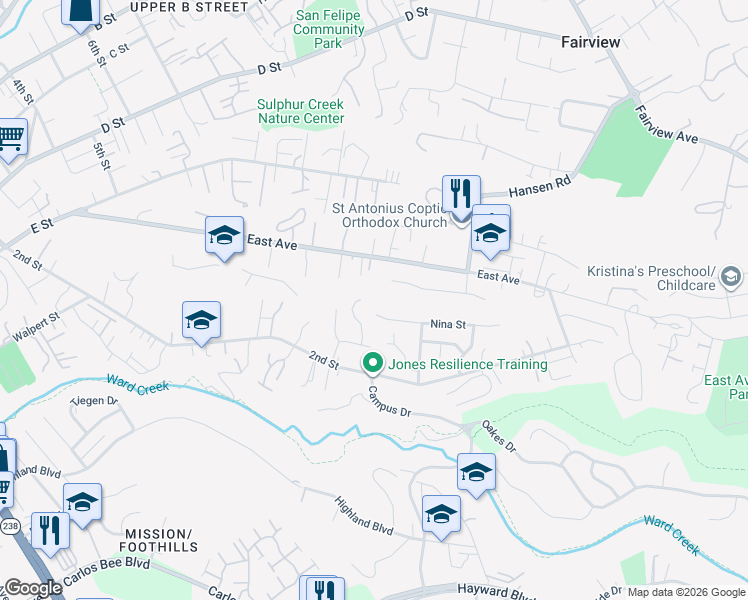 map of restaurants, bars, coffee shops, grocery stores, and more near 1984 Nina Court in Hayward
