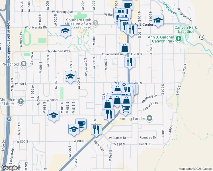 map of restaurants, bars, coffee shops, grocery stores, and more near 446 South 225 West in Cedar City