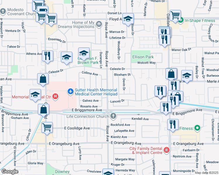map of restaurants, bars, coffee shops, grocery stores, and more near 1805 Fairfax Avenue in Modesto