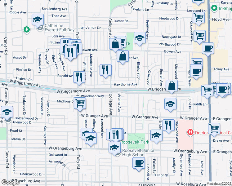map of restaurants, bars, coffee shops, grocery stores, and more near 1715 Ardmor Avenue in Modesto