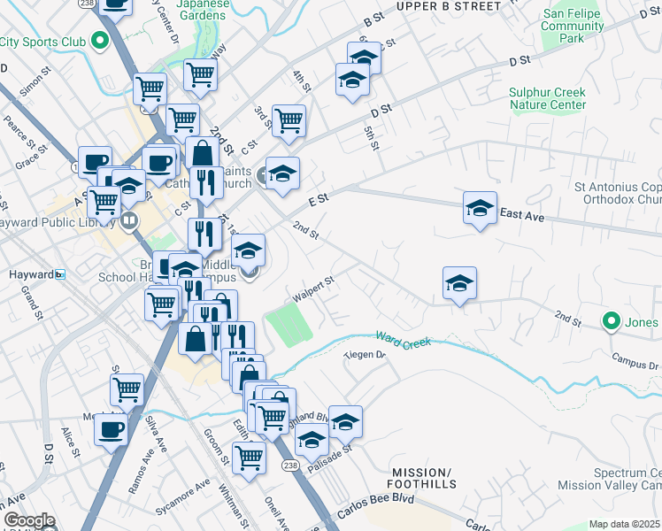 map of restaurants, bars, coffee shops, grocery stores, and more near 1184 Walpert Street in Hayward