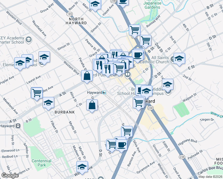 map of restaurants, bars, coffee shops, grocery stores, and more near in Hayward