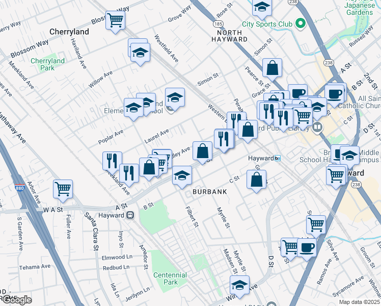map of restaurants, bars, coffee shops, grocery stores, and more near in Hayward