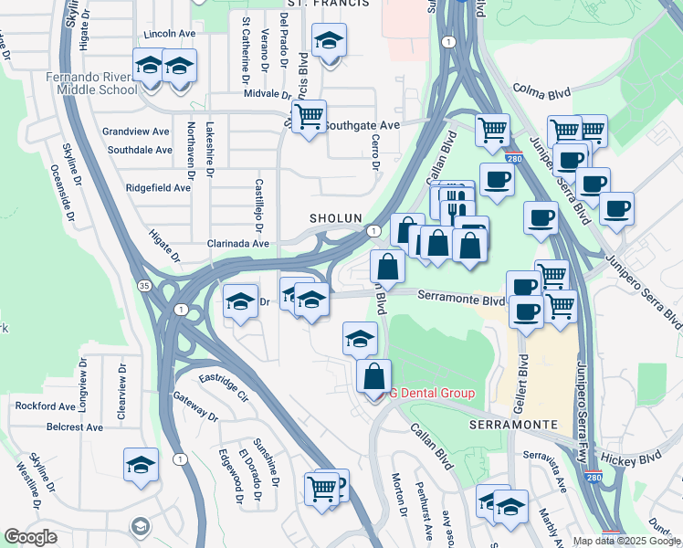 map of restaurants, bars, coffee shops, grocery stores, and more near 620 Serramonte Boulevard in Daly City