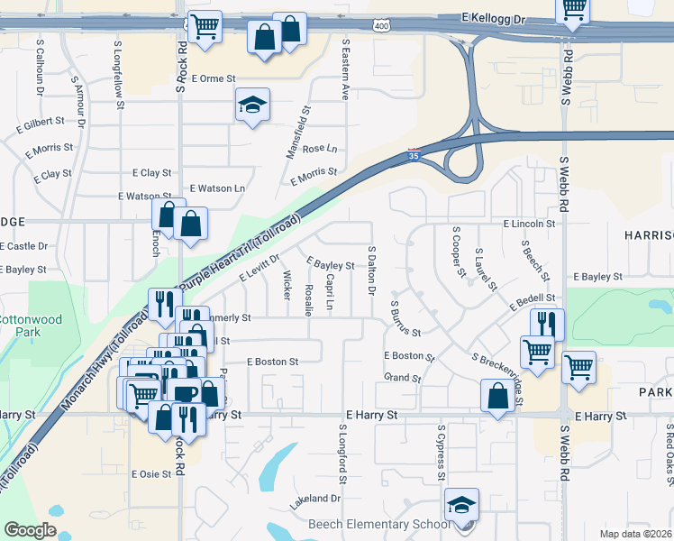 map of restaurants, bars, coffee shops, grocery stores, and more near 1013 South Capri Lane in Wichita