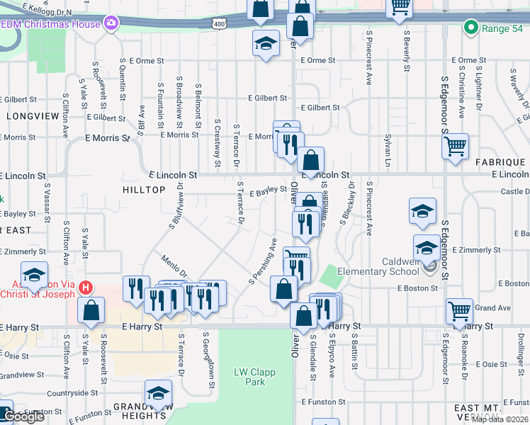 map of restaurants, bars, coffee shops, grocery stores, and more near 1136 South Terrace Drive in Wichita
