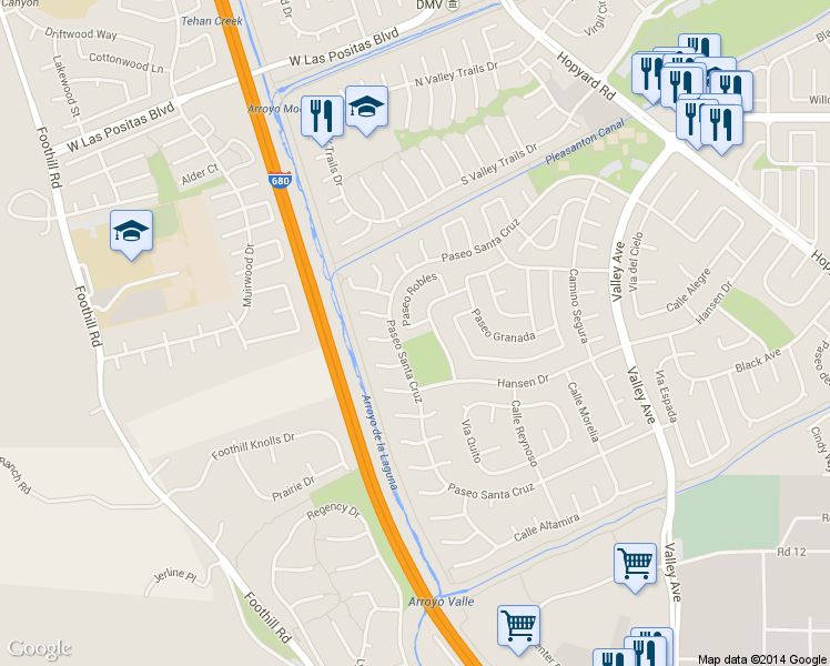 map of restaurants, bars, coffee shops, grocery stores, and more near 3110 Paseo Robles in Pleasanton