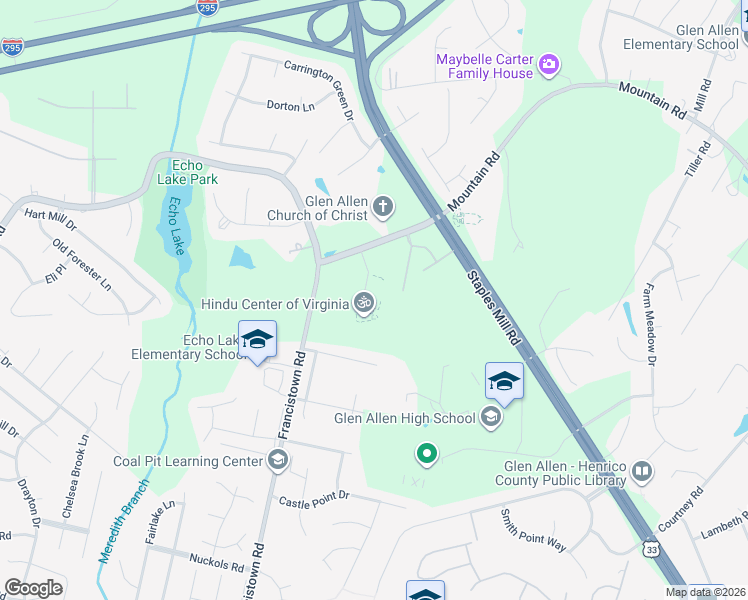 map of restaurants, bars, coffee shops, grocery stores, and more near 6051 Springfield Road in Glen Allen