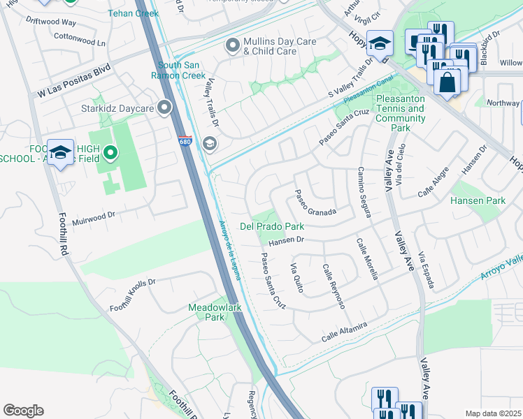 map of restaurants, bars, coffee shops, grocery stores, and more near 3110 Paseo Robles in Pleasanton
