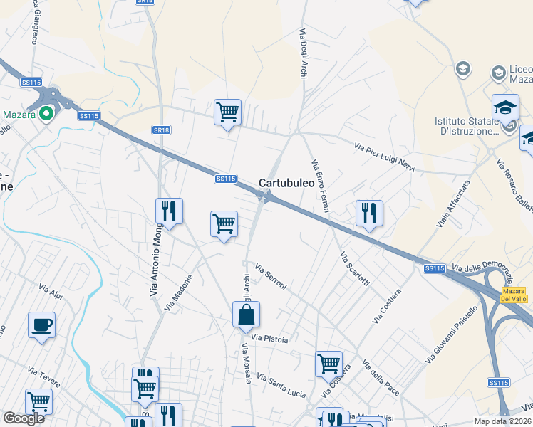 map of restaurants, bars, coffee shops, grocery stores, and more near 72 Via Degli Archi in Mazara del Vallo