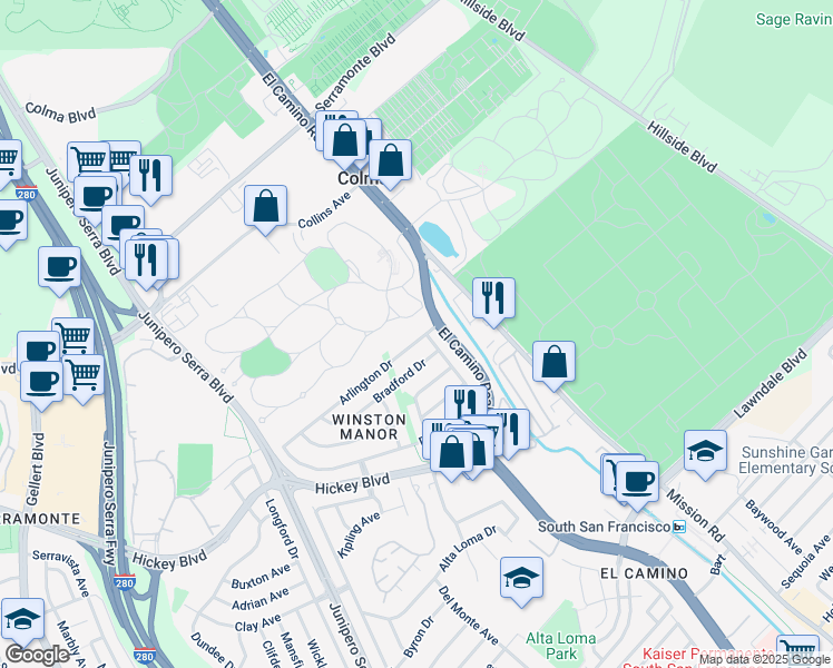 map of restaurants, bars, coffee shops, grocery stores, and more near 10 Arlington Drive in South San Francisco