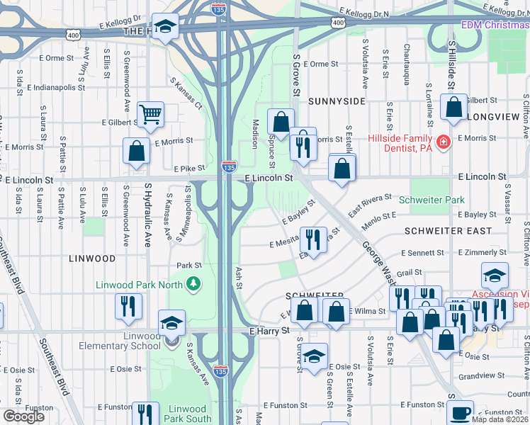 map of restaurants, bars, coffee shops, grocery stores, and more near 923 South Schweiter Court in Wichita