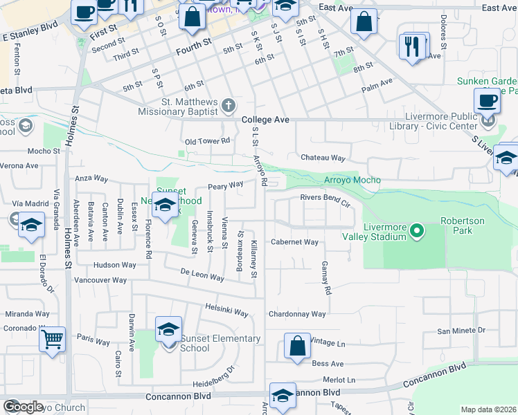 map of restaurants, bars, coffee shops, grocery stores, and more near 1909 De Vaca Way in Livermore