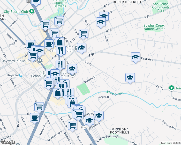 map of restaurants, bars, coffee shops, grocery stores, and more near 24047 Carmelita Drive in Hayward