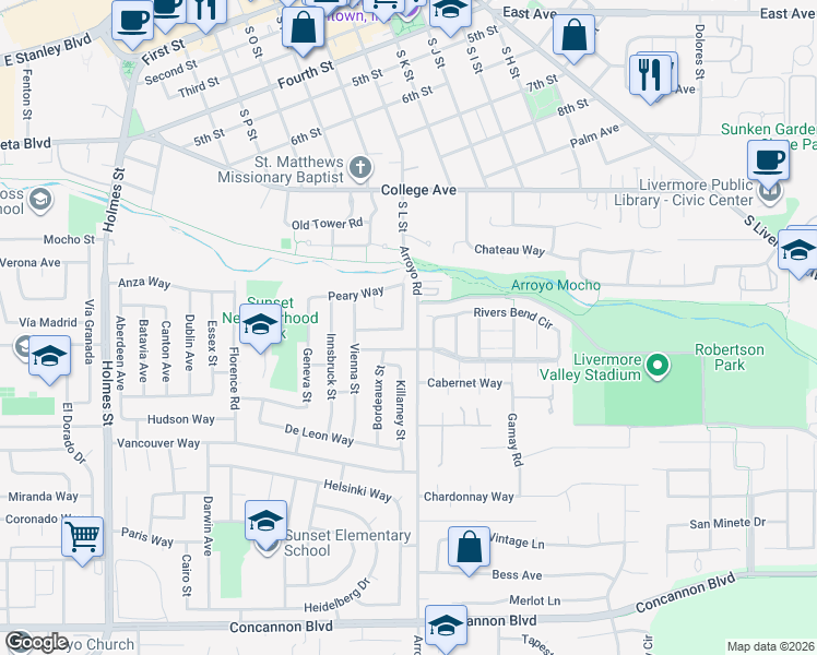 map of restaurants, bars, coffee shops, grocery stores, and more near 1909 De Vaca Way in Livermore