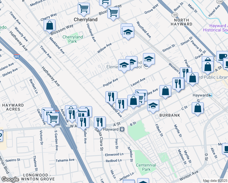 map of restaurants, bars, coffee shops, grocery stores, and more near 187 Laurel Avenue in Hayward