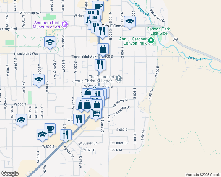 map of restaurants, bars, coffee shops, grocery stores, and more near 102 East 400 South in Cedar City