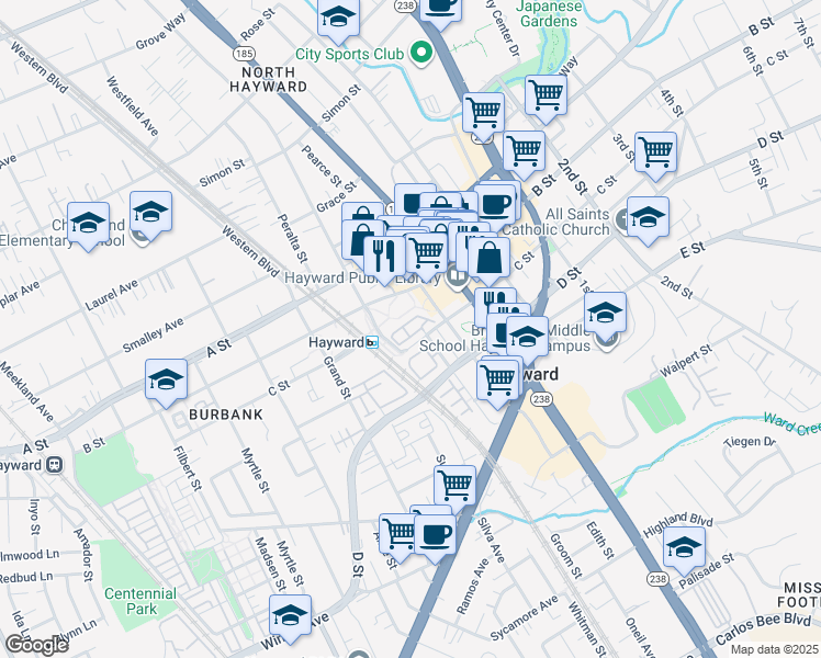 map of restaurants, bars, coffee shops, grocery stores, and more near 752 City Walk Place in Hayward