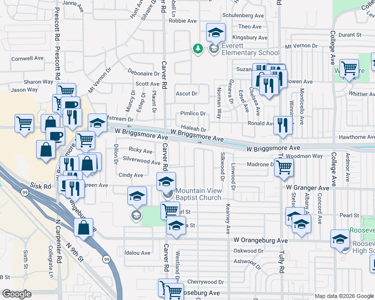 map of restaurants, bars, coffee shops, grocery stores, and more near 1705 Teakwood Drive in Modesto