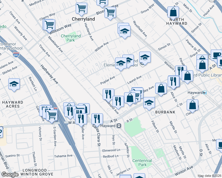 map of restaurants, bars, coffee shops, grocery stores, and more near 188 Laurel Avenue in Hayward